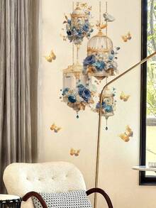 1pc Golden Birdcage, Klein Blue Rose, Floral & Butterfly Wall Decor Sticker, Removable Wall Decal For Bedroom, Living Room And Room Decoration - 1PC - View 5