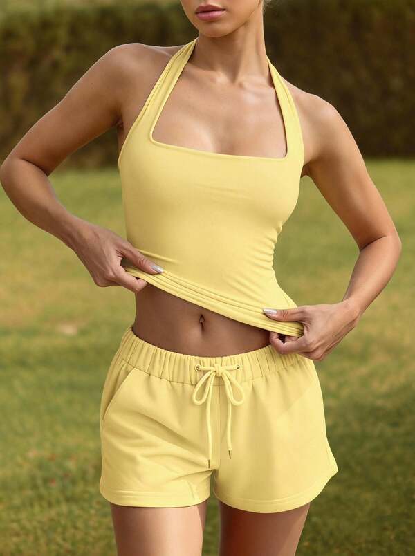 Allurini Sexy Backless Camisole, Fashionable Square Neck Elastic Casual Slim Fit Summer Tank Top, Yellow Holiday