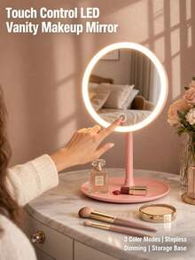 This Touch-Controlled LED Makeup Mirror Features Three-Color Adjustable Brightness, A Round, Rotatable, Rechargeable Design, An LED Ring Light, And A Storage Tray. Suitable For Bedrooms, Bathrooms, And Dressing Tables, It Makes An Ideal Gift. - 星星 - 查看 1