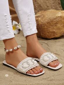 Pearl Rhinestone Studded Women's Summer New French Korean Style Elegant Square Toe Flat Open Toe Strap Luxury Beach Vacation Sandals - Beige - View 5