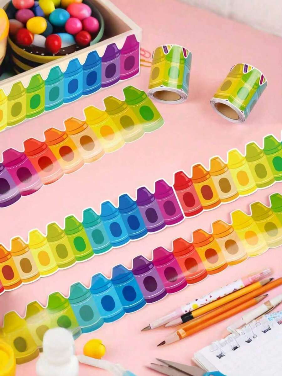 73cm/1 Roll Rainbow Crayon Decorative Border, Suitable For School Classroom Blackboard, Bulletin Board, Wall, Window, Door Decoration, Party Decoration, Home Decoration, DIY Decoration, Back To School Decoration School Supplies - Rectangle - View 1