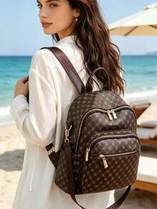 Large Capacity Backpack For Women, Classic Solid Color Handbag For Ladies - Brown - View 4