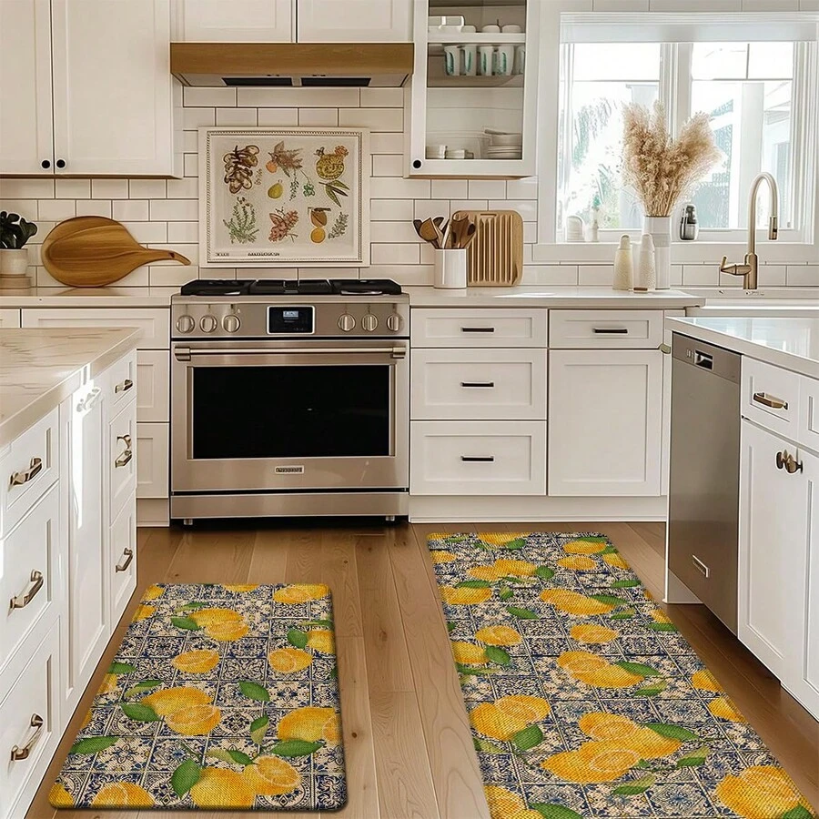 1pc, Home Decor, Lemon Pattern Print, Linen Kitchen Rug, Kitchen Mat, Floor Mat, Bathroom Mat, Door Mat, 3D Print Rectangular, Suitable For Living Room, Bedroom, Hallway, Bathroom, Laundry Room - Polyester Rug, Suitable For Indoor And Outdoor Home Decor - Multicolor - View 1