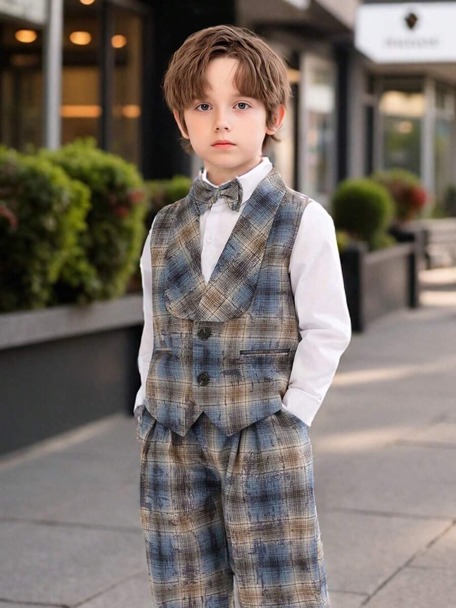 Young Boys 4-Piece Formal Suit Set Vest + Matching Pants + Exquisite Bow Tie + Matching Suspenders Suitable For Family Gatherings, Birthday Parties And Other Occasions High-End Suit - Blue - View 1
