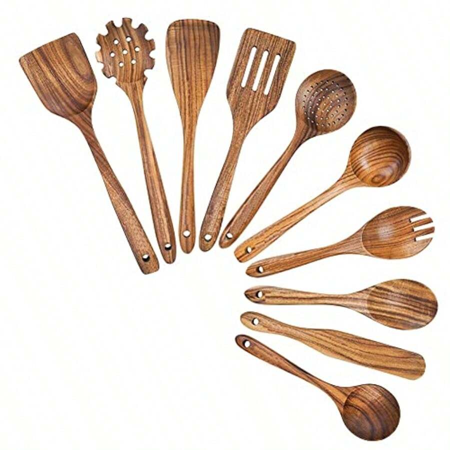 COOKDEVI 10pcs Teak Wood Cooking Utensil Set, Durable Non-Stick Heat ...