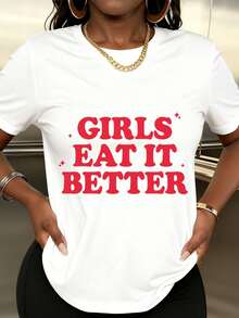 Camiseta de Moda para Mujer con Estampado Gráfico 'Girls Eat It Better', Top Casual de Verano para Uso Diario y Salidas - Blanco - Ver 1