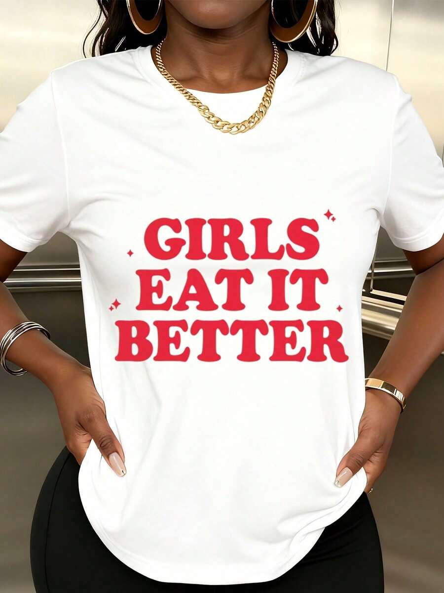 Camiseta de Moda para Mujer con Estampado Gráfico 'Girls Eat It Better', Top Casual de Verano para Uso Diario y Salidas - Blanco - Ver 1