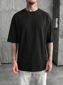 Krometka Men's American Vintage Y2K Style Neon Contrast Color Text Print Drop Shoulder Short Sleeve T-Shirt Casual Crew Neck Half Sleeve Top - Black - View 2