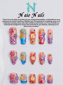 NAIO 10Pcs/Set Uñas Postizas Hechas a Mano, 3 Tamaños: Puntas Ataúd/Almendra/Cuadradas Cortas, Estilo Dulce Y2K, Diseño de Impresión Floral Multicolor & Dibujos Animados, Flores 3D, Decoración de Lunares & Piedras Preciosas, Mujeres & Niñas, Fiesta & Uso Diario, Kit de Herramientas, Regalo & Suministros para Uñas - Multicolor - Ver 1