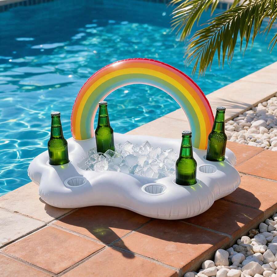 1 pieza Colchoneta flotante inflable con forma de arcoíris con portavasos y compartimento para hielo, accesorio flotante para agua para playa y fiesta en la piscina, material PVC duradero, regalo ideal para vacaciones o cumpleaños, esencial de playa, accesorio de piscina - Barra de hielo arcoíris - Ver 1