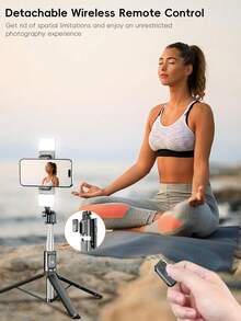 Portable Foldable 1.3 Meters Selfie Stick Tripod, Stainless Steel Telescopic Pole, Double-Sided 3-Color Adjustable Fill Light, Detachable Bluetooth Remote, 360° Adjustable Phone Holder, Stable Tripod Base, Suitable For Outdoor Travel, Vlog, Live Streaming, Desktop Content Shooting, Group Selfie - Multicolor - View 5