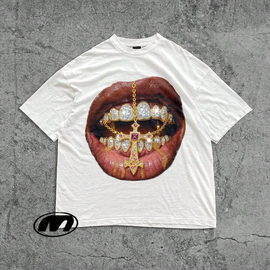 Camiseta Big Lips Y2k Mouth - Camiseta Grillz Blanca - Camiseta Unisex Y2k - Camiseta Streetwear - Negro - Ver 1