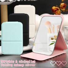 Espejo de maquillaje minimalista para baño y dormitorio, espejo plegable estilo Simpleini, espejo portátil de cuero PU, espejo para dormitorio universitario de regreso a clases, espejo de tocador portátil de escritorio, espejo con soporte de escritorio, espejo de maquillaje de mano, espejo de escritorio ajustable, espejo de tocador para dormitorio de estudiante, decoración del hogar, decoración de baño y habitación, organizador de maquillaje de verano, accesorios de baño, adecuado como regalo de Navidad y Halloween para familiares y amigos - Negro - Ver 7