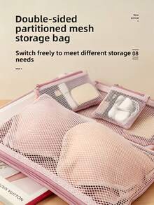 1pc Black, Pink, Grey Double Zipper Compartment Storage Bag, Portable Travel Mesh Clothing Organizer Pouch, Breathable Mesh Key Coin Purse,An Excellent Choice For Gifts During Festivals And Parties,Essential School Supplies - Multicolor - View 4