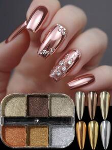 6-Grid Magic Mirror Nail Powder, Iridescent Gold & Silver Metallic Nail Powder, Y2K Aesthetic Polished Glitter Pigment, Summer Nail Art Decoration - Multicolor - View 4