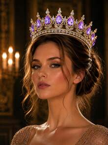 KOVLYNE 1Pc Gold Plated Crystal Crown - Teardrop Rhinestone Full Round Tiara, Styling Supplies For Wedding, Prom & Pageant - Multicolor - View 22