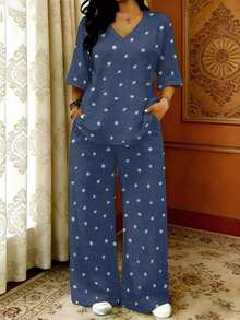 Plus Size Summer New Styles Dark Blue With White Dots Pattern Women's V-Neck Short Sleeve And Long Pants Set Soft And Comfortable 2pcs - 白色 - 查看 2