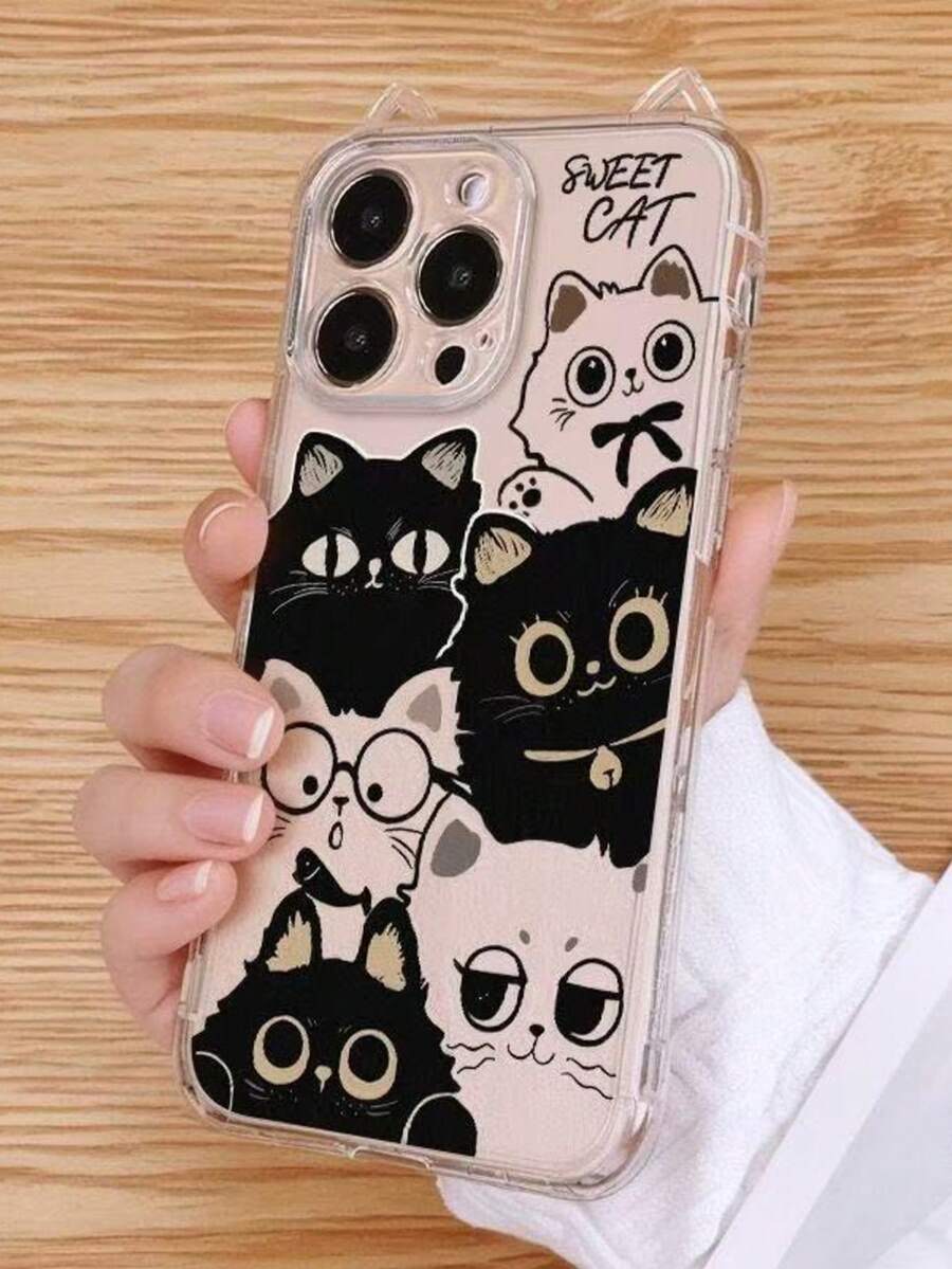 Full Screen Cat Pattern 16/14/15/14 Pro Max/13 Transparent Cat Ear Phone Case, Niche Shockproof - Multicolor - View 1