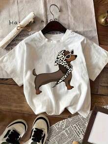 Camiseta casual de mujer, de manga corta, con estampado de cachorro a la moda, color marrón, de cuello redondo, para verano y primavera, ropa de mujer.Ideal como regalo playera de mujer blus - Multicolor - Ver 1