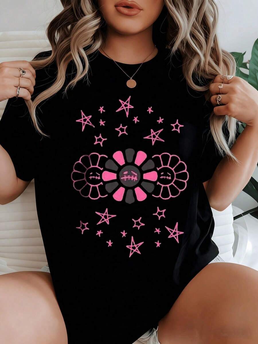 Elegant Everyday Outfits: Women's Casual Cotton T-Shirt With Pink Star And Twin Flower Print Symbolizing Joy And Positive Energy - 黑色 - 查看 1