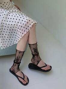 1 Pair Women's Lace Jacquard Stirrup Socks, Breathable Vintage Leg Warmers - Multicolor - View 11