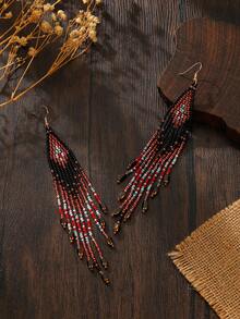 SOUL BEADING أقراط بوهيمية مصنوعة يدويًا بشرابات طويلة متدرجة الألوان، وردي وبني، متعددة الاستخدامات للتنقل اليومي والعطلات، أقراط متدلية جذابة - احمر خشبي - مشاهدة 4