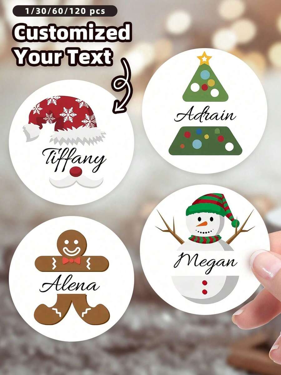 1/30/60/120pcs Personalized Christmas Stickers, Customized Holiday Labels, Christmas Craft Stickers, Gift Bag Stickers, Student Card Stickers, Winter Planner Stickers, Merry Christmas Vinyl Envelope Seals - Multicolor - View 1
