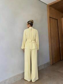 2件組純色優雅派對女款上衣與寬腿褲套裝，胸前抓褶綁帶長袖上衣，適合海灘、晚宴、約會、度假、初秋穿搭，黃色 - 黃色 - 查看 2
