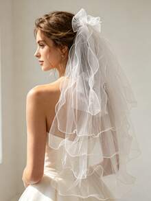 1 pièce Voile de mariée blanc à bord ondulé avec grand nœud, voile de mariée en tulle multicouche avec détails perlés, voile court élégant, convient pour la mariée, la photographie de mariage - Blanc - Voir 6