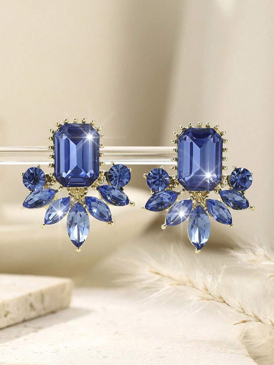 1 paire de boucles d'oreilles de luxe en cristal de jade personnalisées, bijoux élégants pour femmes pour les fêtes et les mariages, port formel et décontracté, cadeau parfait - bleu indigo - Voir 1