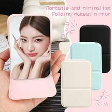 Espejo de maquillaje minimalista para baño y dormitorio, espejo plegable estilo Simpleini, espejo portátil de cuero PU, espejo para dormitorio universitario de regreso a clases, espejo de tocador portátil de escritorio, espejo con soporte de escritorio, espejo de maquillaje de mano, espejo de escritorio ajustable, espejo de tocador para dormitorio de estudiante, decoración del hogar, decoración de baño y habitación, organizador de maquillaje de verano, accesorios de baño, adecuado como regalo de Navidad y Halloween para familiares y amigos - Negro - Ver 5