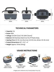 Herrfilk Electric Portable Food Heating Box, Car And Home Universal, Leak-Proof, With 1.5L Detachable Stainless Steel Inner Liner, Suitable For Truck Drivers To Heat Lunch Box - Gray-black - View 3