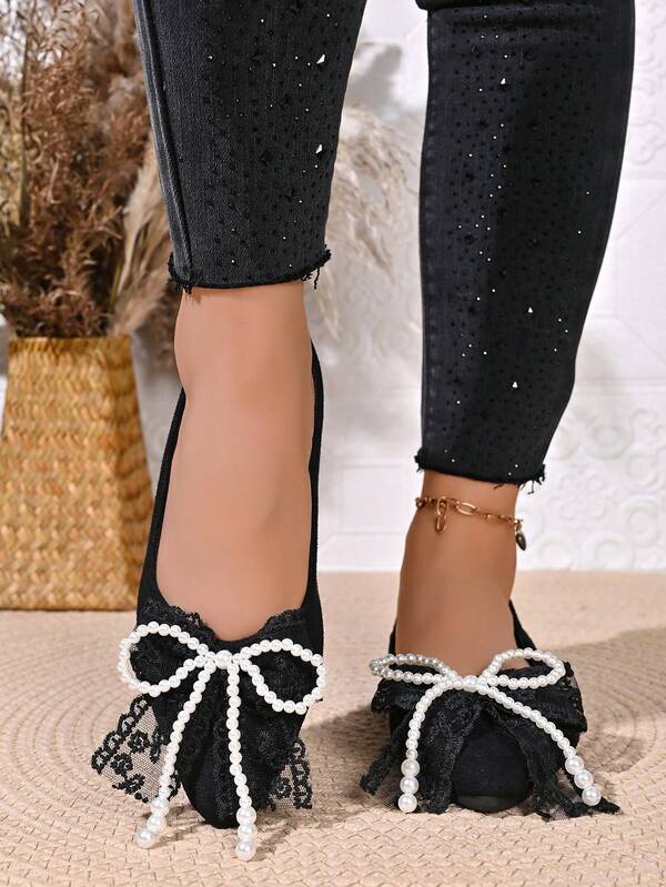 Black Pointed Toe Flat Shoes For Women, French Lace Pearl Bow Decor, Low Vamp Soft Sole Comfortable Loafers, Slip-On Casual Commuter Versatile Elegant Little Black Shoes