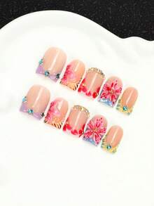 10pcs Handmade Acrylic Press-On Nails, French Short Square Shape, 3D Hand-Painted Floral, Colorful Rhinestone & Stripe/Tiger Print Design, Y2K Style, Multi-Layer Gel Fake Nails, Reusable Removable Adhesive Manicure, With Nail Tool Set - Multicolor - View 3