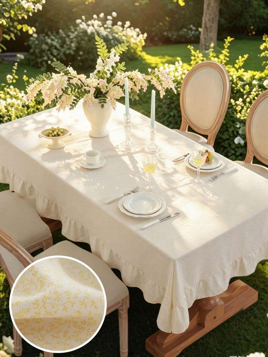 1 pieza Mantel a cuadros minimalista con estilo fresco y ribete de encaje con volantes, adecuado para la decoración diaria de la mesa del hogar - Amarillo - Ver 1