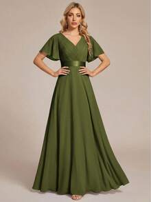 EVERPRETTY Summer Early Autumn Elegant Romantic Chiffon V-Neck Pleated Butterfly Sleeve Bridesmaid Dress, Suitable For Wedding Guests, Semi-Formal Occasions Fall - Olive Green - View 6
