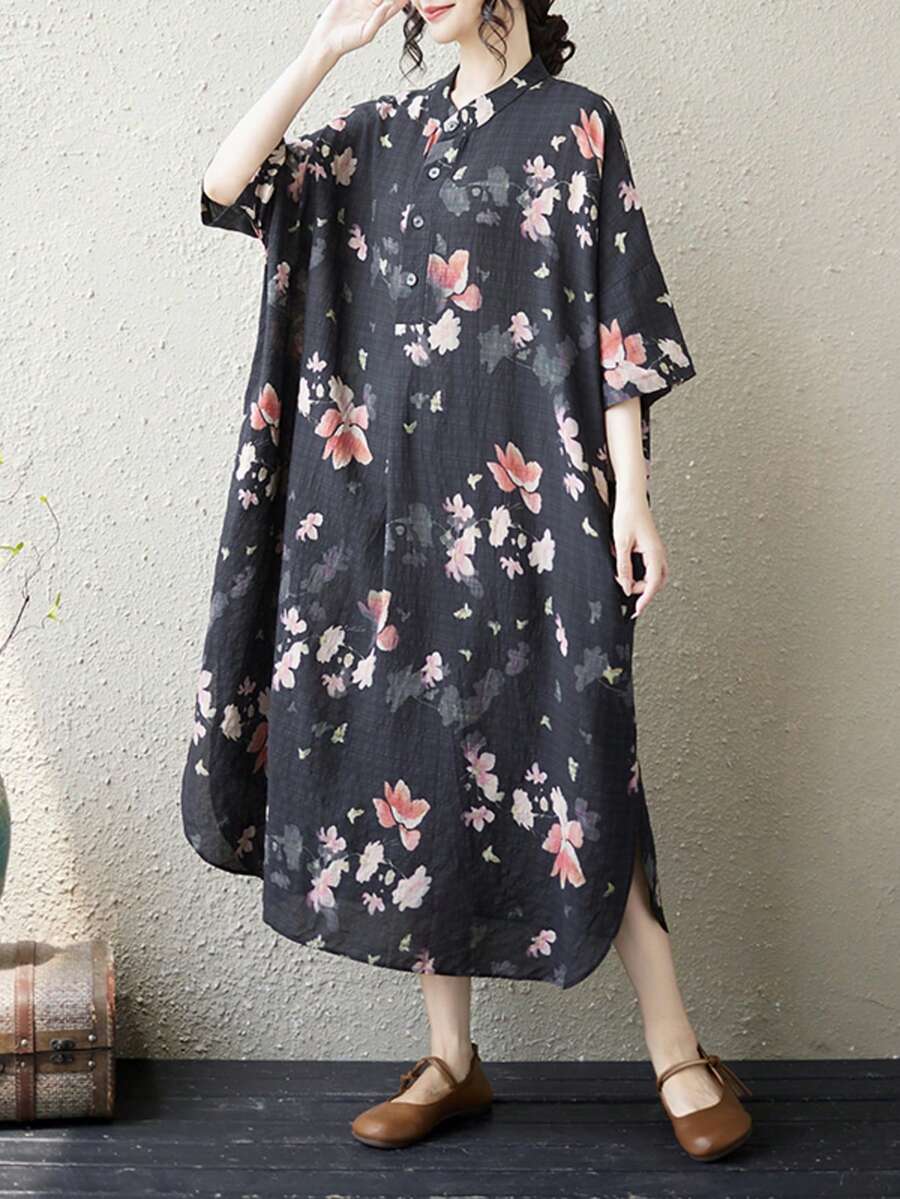AZAH Tops 萬聖節優雅舞會復古風女款蝙蝠袖短袖休閒中長洋裝,附口袋,母親節送禮首選,適合夏季度假 - 黑色 - 查看 1