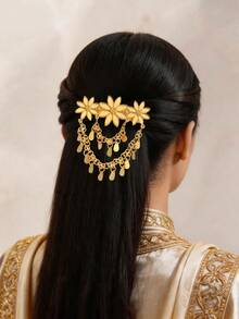 Herseygold 1 pièce Pince à cheveux florale plaquée or pour femmes, accessoire de coiffure de mariée arabe du Moyen-Orient, coiffe à franges pour mariage et vacances pour femmes - Doré - Voir 1