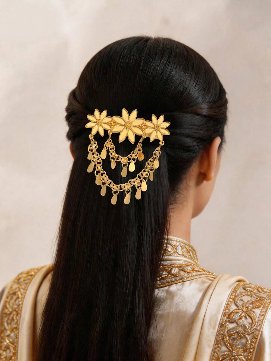 Herseygold 1 pièce Pince à cheveux florale plaquée or pour femmes, accessoire de coiffure de mariée arabe du Moyen-Orient, coiffe à franges pour mariage et vacances pour femmes - Doré - Voir 1
