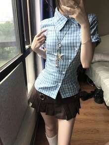Korean Style Blue Plaid Shirt Blouse, Summer New Design Unique Niche Elegant Quality Top - Blue - View 2