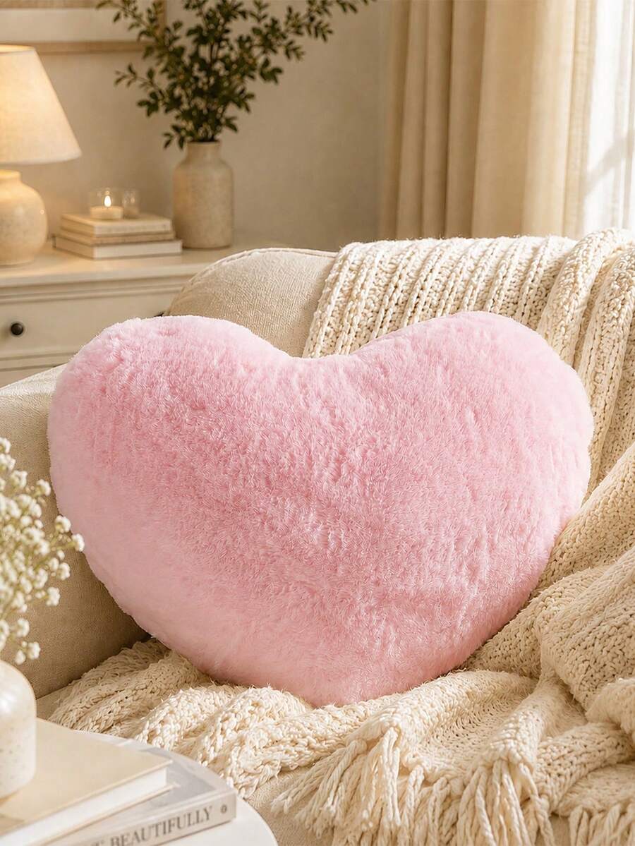 1 buah Bantal Hati, Bantal Hias Dekoratif untuk Tempat Tidur dan Sofa, Bantal Kecil Bulu Kelinci Imitasi Lucu untuk Wanita, Valentine, Ulang Tahun, Musim Gugur, Halloween, Natal, Dekorasi Rumah - Berwarna merah muda - View 1