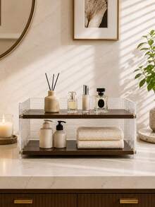 1pc Double-Layer Expandable Desktop Storage Rack, Wavy Transparent Acrylic & Wooden Organizer, Minimalist Rectangular Open Shelf With Gold Accessories, Multi-Functional Tabletop Storage Rack For Cosmetics, Kitchen, Bathroom, Coffee Corner, Desk - Brown - View 8
