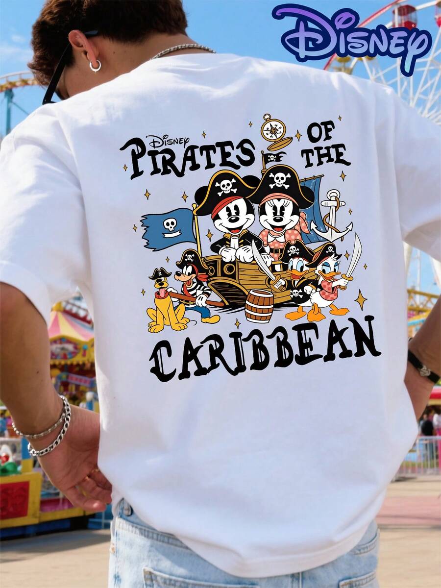 Disney T-Shirt With Caribbean Pirate Motifs And Mickey Mouse Family Print, Retro Nautical Style, Perfect For Casual Summer Wear, Men's Short-Sleeved Shirt Made Of Pure Cotton, Fashionable And Versatile. - 白色 - 查看 1
