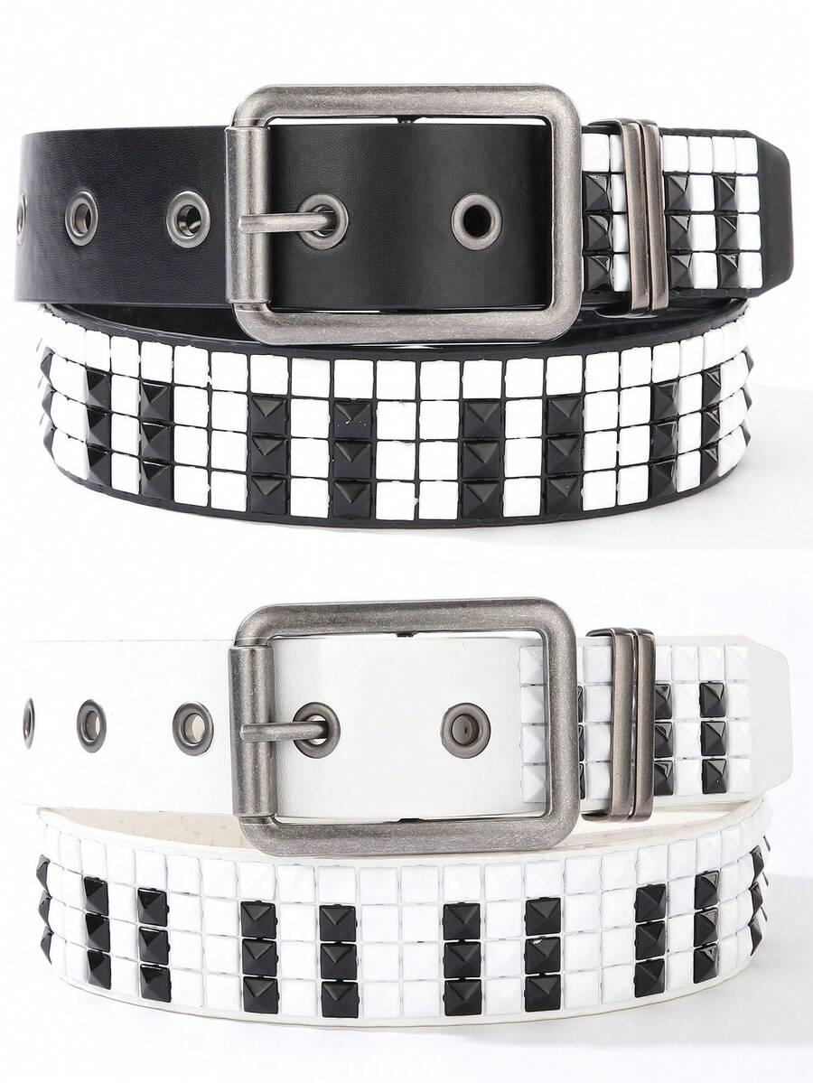 Men Y2K Piano Key Studded Belt Punk Streetwear Black White Waist Belt - Piano Key Rivet Strap - View 1