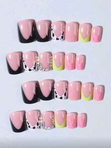 24pcs European And American Minimalist Black & White Cow Print Short Square False Nails, Decorated With Various Rhinestones, Suitable For Spring & Summer Wear, Suitable For Daily Life, Work, Comes With Gel And Nail File, Manicure Supplies - Black and White - View 9