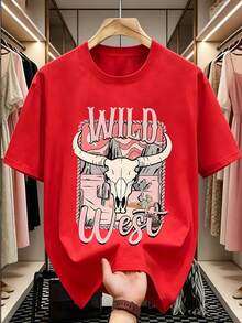 Women's Wild West Bull Skull Graphic T-Shirt, Western Casual Style, Desert Landscape Print, Short Sleeve, Casual Blouses For Ladies - 紅色 - 查看 2