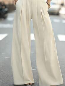 High Waist Wide Leg Pants With Button Closure, Loose Straight Cut, Full Length Trousers Suitable For Casual And Formal Occasions All Seasons - Apricot - View 6