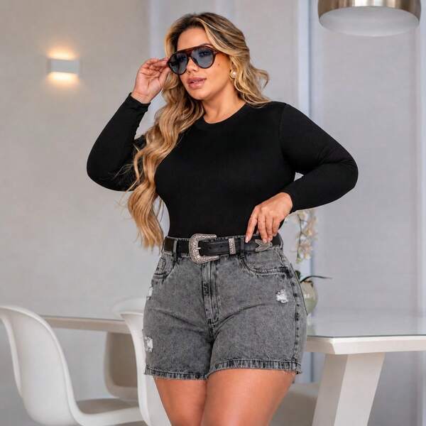 Short Jeans Cintura Alta Plus Size Mormorizado 100% Algodão