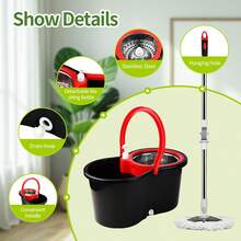 Microfiber Spin Mop And Bucket With Wringer Set Bathroom Mop Bucket 360° Spinning Mop Bucket System With 3 Microfiber Mop Replacement Heads And 61" Stainless Steel Adjustable Handle For Floor Cleaning Bucket Floor Cleaning - A - 查看 2