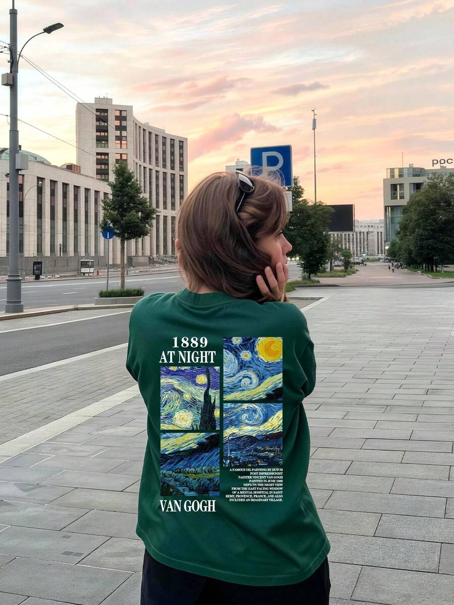 復古藝術印花寬鬆極簡風T恤，適合夏季穿著，青少年女孩風格 - 墨綠色 - 查看 1